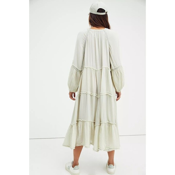 Free People In The Moment Midi Dress Long Sleeve Flowy Crochet Ruffle S 286029 - Picture 2 of 8